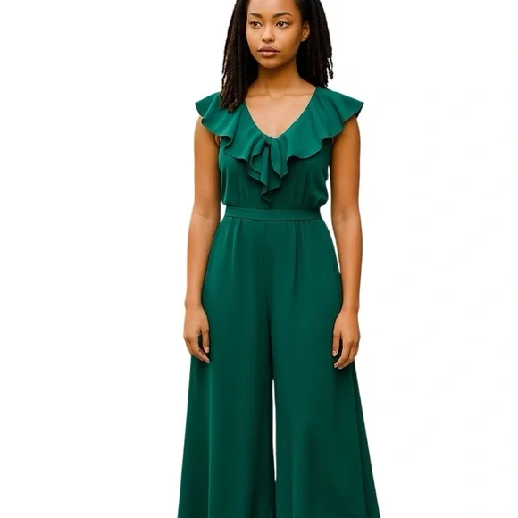 The Impeccable Pig Hunter Green Ruffle V Neck Wide Leg Jumpsuit Women’s Medium - Picture 1 of 10